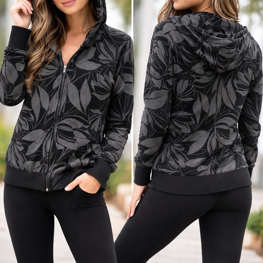 Soma Floral Zip Hoodie Small Black Gray Lightweight Athleisure Jacket